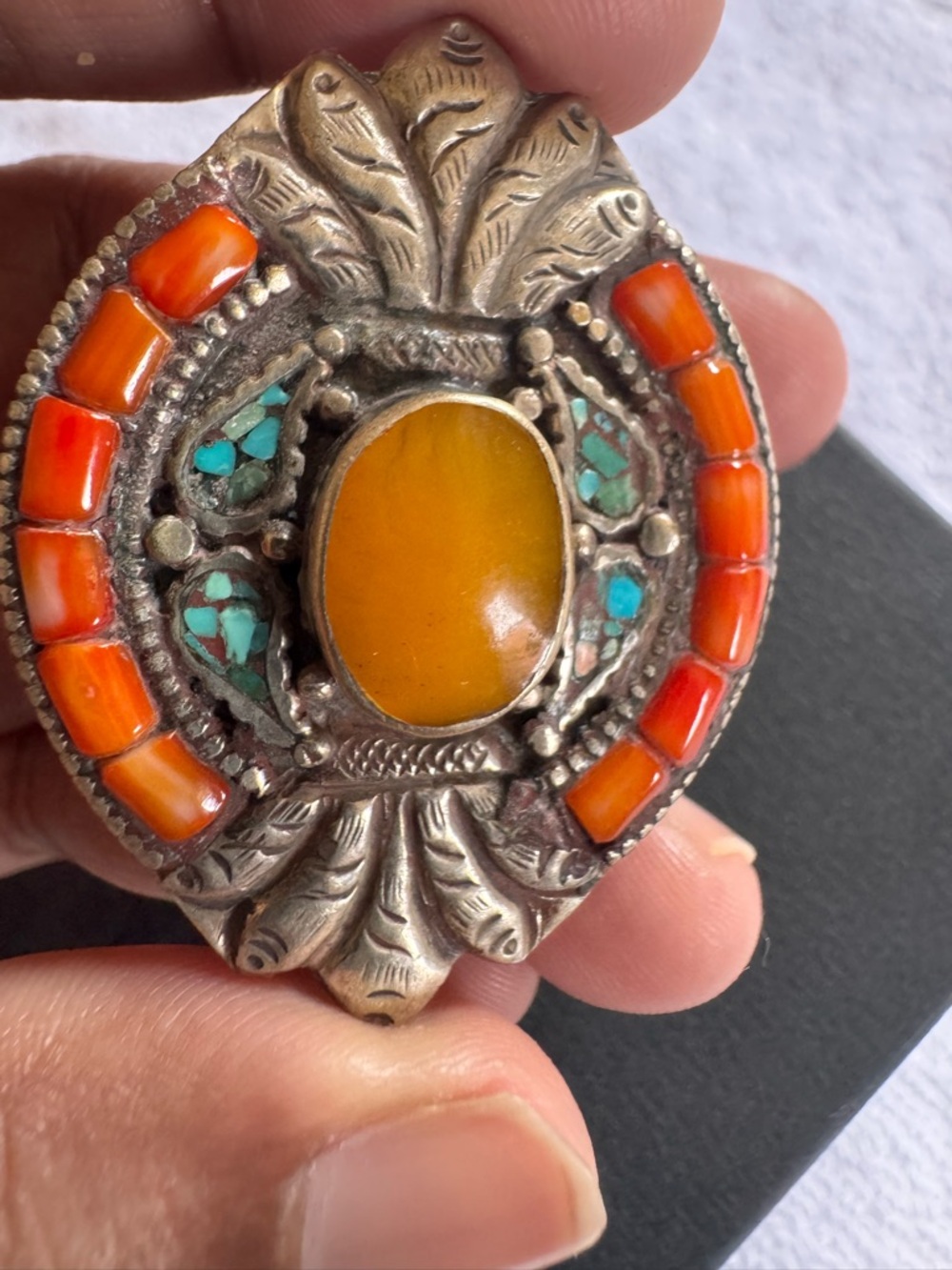 Handcrafted Orange & Turquoise Statement Ring- Unbranded - Picture 2 of 7
